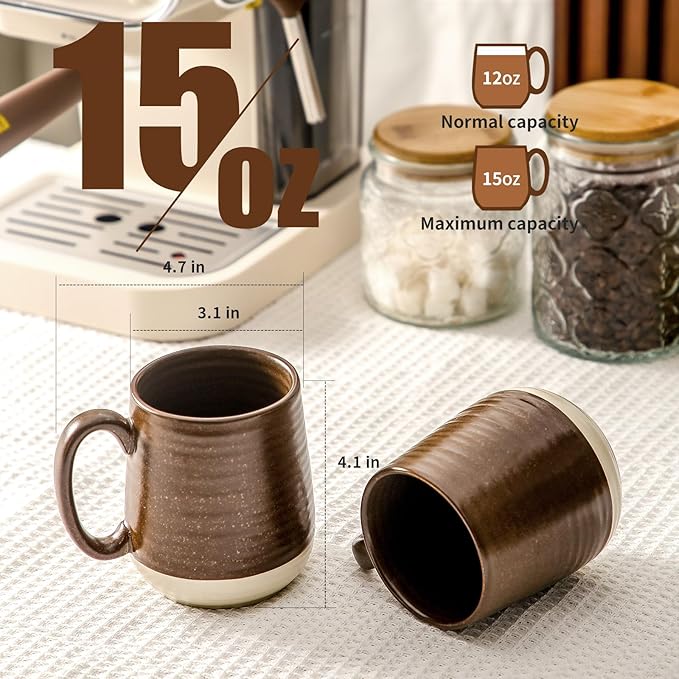 HASENSE Ceramic Coffee Mugs Set of 6, 15oz Large Coffee Mugs with Handle, Porcelain Coffee Cups for Coffee, Tea, Latte & Cappuccino, Microwave & Dishwasher Safe,Brown