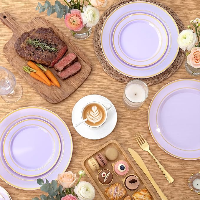 WDF Partyware 350PCS Purple Plates Disposable - Purple Plastic Plates 50Guests Lavender Disposable Dinnerware Sets with Rolled Napkins for Wedding/Birthday/Baby Shower/Mother's Day