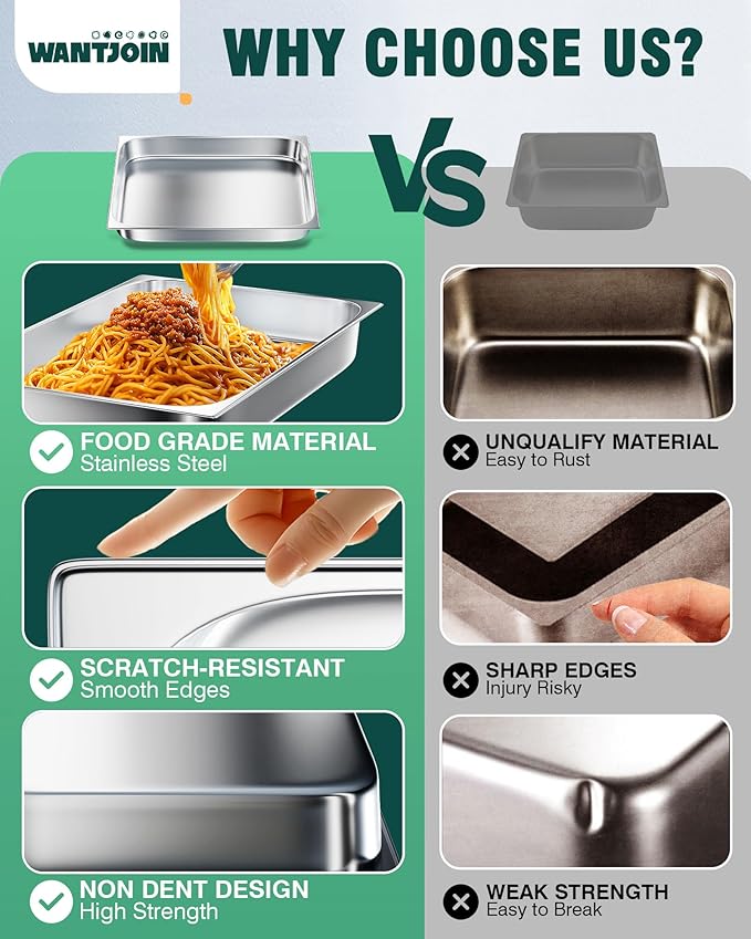 WantJoin Steam Table Hotel Pans 1/1 Full Size 2.5 Inch Deep 6 Pack, Stainless Steel Metal Tray Sets Food Storage Container for Restaurant Chafing Dishes Commercial Buffet Catering Supplies