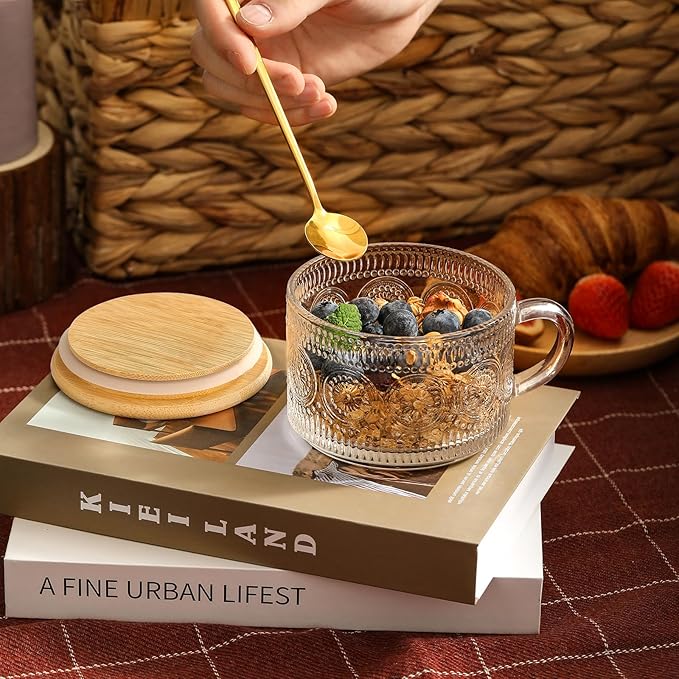 4pcs Set Vintage Coffee Mugs gifts for women, Overnight Oats Containers with Bamboo Lids and Spoons - 14oz Clear Embossed Glass Cups, Cute Coffee Bar Accessories, Iced Coffee Glasses