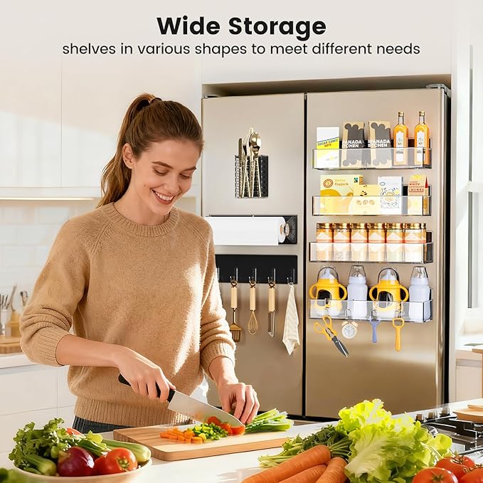 Magnetic Spice Rack for Refrigerator,7 Pack Magnetic Shelf,Fridge Magnet Organizer with Paper Towel Holder,Utensils Racks,Hook Rack,Fridge Organizers and Storage Clear(7 Pack)