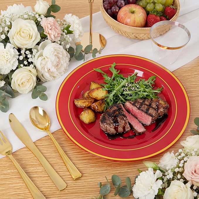WDF Partyware 175 Pieces Red Plastic Plates with Gold Rim Include Dinner Plate 10" Dessert Plate 7" gold Cups 9 OZ, Pre Rolled Napkins 25 of each type for Wedding/Spring/Birthday/Mother's Day