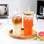 32oz Ribbed Glass Cup with Handle Lid and Straw，Borosilicate Glass Tumblers, Iced Coffee Cups Modern Glass Mug Hot/Cold Drinks for Smoothies, Tea, and Juice (clear-1 Pack-glass Lid)