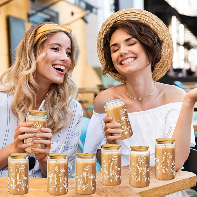 Mumufy 18 Pack Favor Glass Tumblers Boho Floral 16oz Iced Coffee Cups with Bamboo Lids and Straws Bridesmaid Gifts for Wedding Day Elegant Drinkware for Reception and Welcome Drinks