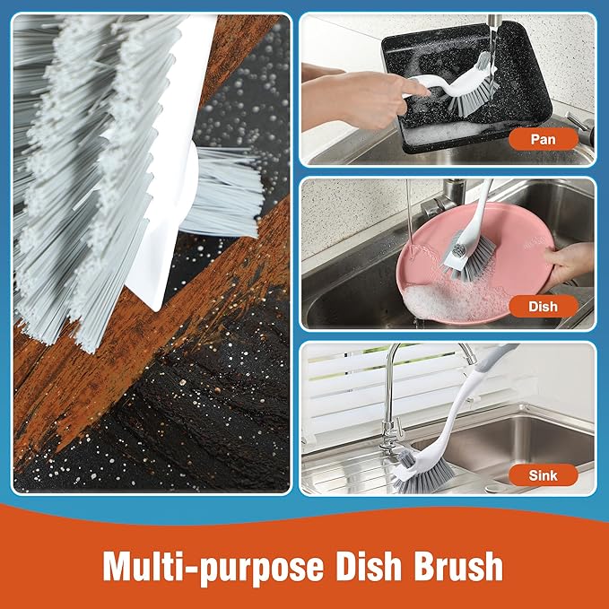 4-Pack Heavy-Duty Dish Scrub Brushes with Stiff Non-Scratch Bristles & Long Handle - Multi-Purpose Kitchen Cleaning Brushes for Pots, Pans, Bottles, Deep Cleaning