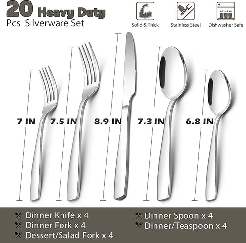 20-Piece Heavy Duty Silverware Set for 4, E-far Stainless Steel Flatware Cutlery Set, Thick Metal Tableware Eating Utensils Include Forks Spoons Knives, Square Edge & Mirror Polished, Dishwasher Safe