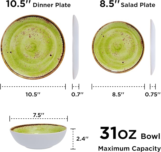 TP 12-Piece Melamine Dinnerware Sets, Plates and Bowls Dishes Set for 4, Break-Resistant & Non-Microwavable, Lightweight Dinner Plates, Green Swirl