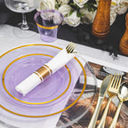 N9R 350PCS Purple Plastic Dinnerware Set for 50 Guests, Gold Disposable Plates for Party, Include: 100 Plastic Plates, 50 Pre Rolled Napkins with Silverware and 50 Cups