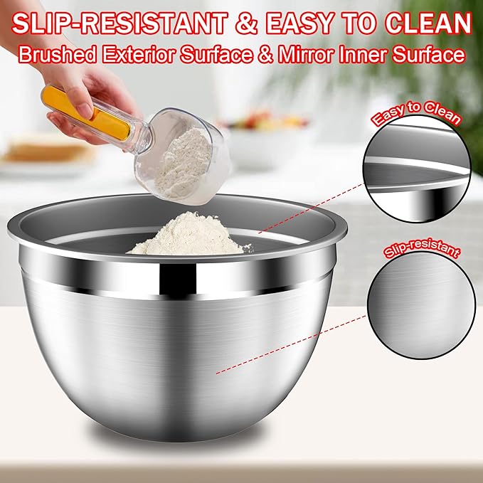 Mixing Bowls with Strainer, Mixing Bowl with Lids Set, Stainless Steel Mixing Bowls, Kitchen Gadgets Salad Bowls with Strainer for Mixing & Preping & Serving, Multicolor