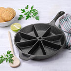 WUWEOT Cast Iron Wedge Pan, Round Corn Bread Skillet, 8-edges Biscuit Pan Mini Cake Pan with Long Handle for Scones, Corn Stick, Muffins, Cupcakes and Brownies