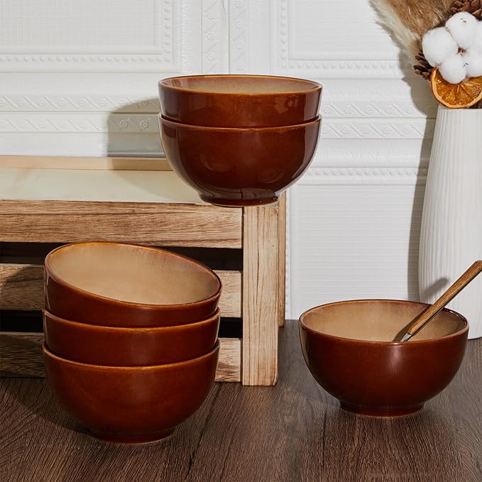Pokini Reactive Glaze Bowls Set of 6, Microwave and Dishwasher Safe Bowls, Stoneware Soup Bowls, Kitchen Bowl Set for Cereal Soup Rice Pasta Salad Oatmeal, Brown and Yellow