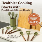 Silicone Kitchen Utensils Set & Holder: Cooking Utensils Set - Kitchen Essentials for New Home & 1st Apartment- Silicone Spatula Set, Cooking Spoons for Nonstick Cookware (Acacia Wood, Green)