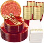 Rubtlamp 350 Pcs Plastic Dinnerware Set (50 Guests), Red And Gold Plastic Plates, Hammered Party Plates Set Include Dinner Plates, Dessert Plates, Cups, Cutlery Set And Napkins for Wedding And Party