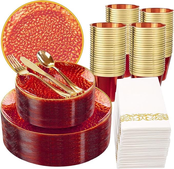 Rubtlamp 350 Pcs Plastic Dinnerware Set (50 Guests), Red And Gold Plastic Plates, Hammered Party Plates Set Include Dinner Plates, Dessert Plates, Cups, Cutlery Set And Napkins for Wedding And Party