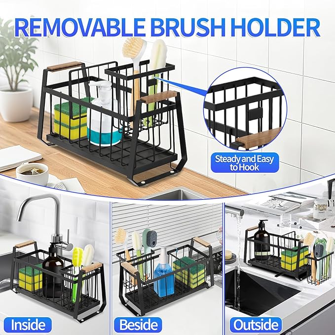 Sponge Holder for Kitchen Sink, Kitchen Sink Caddy Organizer with High Brush Holder, Rustproof Sponge Holder, Kitchen Countertop Organizers and Storage Essentials