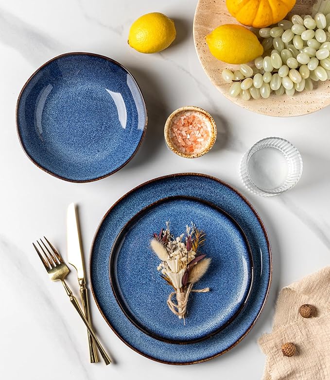 GBHOME Stoneware Dinnerware Sets for 6, 18 Pieces Rustic Ceramic Plates and Bowls Set, Handmade Reactive Glaze Plate Sets, Highly Chip Resistant Dishes, Microwave & Dishwasher Safe, Sea Blue
