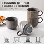 HASENSE Porcealin Coffee Mugs, Stackable Coffee Cups Set of 4 with Stand - 15 oz Large Ceramic Ribbed Latte Cup Set for Cappuccino, Tea, Hot Cocoa, Drinks - Dishwasher & Microwave Safe, Brown