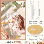 Mumufy 4 Pack Gift for Women Cute Glass Cup Tumbler Flower Iced Coffee Mugs 16 oz Glass with Bamboo Lid & Straw, Mothers Day Birthday Gift for Mom Sister Bridesmaid Baby Shower(Brown Flower)
