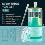 Pandaloo® Glass Cups With Lids and Straws -20 Fl Oz- Perfect Size Iced Coffee Cup - Smoothie Cup With Bamboo Lid and On the go Lid - Glass Tumbler With Straw (1 Count (Pack of 1), Carribean Blue)