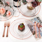 bUCLA 600PCS Clear Rose Gold Plastic Dinnerware Set Disposable - Include 100 Dinner Plates, 100 Dessert Plates, 100 Knives, 100 Forks, 100 Spoons, 100 Cups for Party, Wedding & Mother's Day