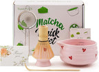 5pcs Premium Matcha Set,Ceramic Bowl with Spout and Bamboo Whisk set, Ceremonical Matcha Kit for breakfast/latte,Tea Starter Making Kit,Unique Matcha Gift set (pink love)