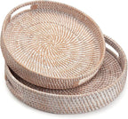2 Pack Round Rattan Tray, Hand Woven Serving Tray with Handles, Wicker Serving Basket, Decorative Tray for Home Decor, Whitewash (11.8 + 14 inch)