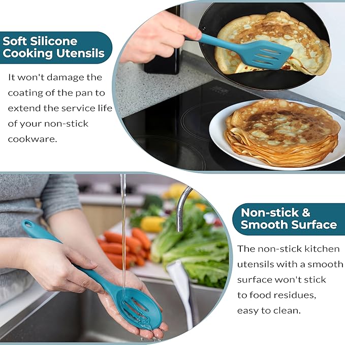 TeamFar Silicone Cooking Utensils Set of 6, Kitchen Utensils Set, Includes Ladle Slotted Turner for Non-stick Cookware, Healthy & One-Piece, Non-Scratch & Heat Resistant, Dishwasher Safe, Dark Blue
