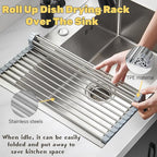 Roll Up Dish Drying Rack, 17.7" x 11.8" Over The Sink Dish Drying Rack, Kitchen Dish Rack Foldable Dish Drainer, Stainless Steel Dish Drying Rack for Kitchen Sink Counter Storage (Grey)
