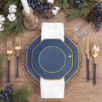 KIRE 140Pcs Blue Plastic Plates with Gold Rim - Gold Disposable Plastic Silverware with Blue Handle&Clear Cups&Hand Napkin - Geometric Party Plates for Passover/Party/Graduation