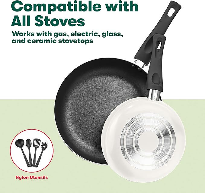 BELLA Cookware Set, 12 Piece Pots and Pans with Utensils, Nonstick PFOA Free Scratch Resistant Cooking Surface Compatible with All Stoves, Nylon and Aluminum, Cream