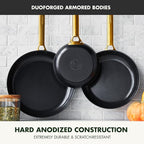 GreenPan Hard Anodized Healthy Ceramic Nonstick, 8" 10" and 12" 3 Piece Frying Pan Skillet Set, Gold Handle, PFAS-Free, Dishwasher Safe, Oven Safe, Black