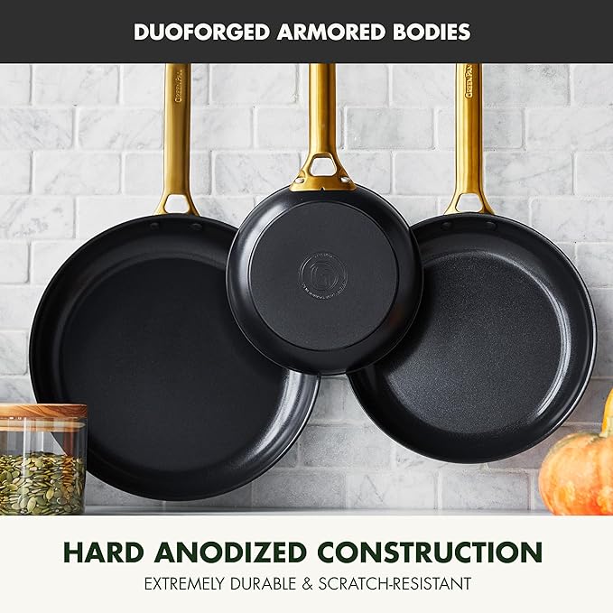GreenPan Hard Anodized Healthy Ceramic Nonstick, 8" 10" and 12" 3 Piece Frying Pan Skillet Set, Gold Handle, PFAS-Free, Dishwasher Safe, Oven Safe, Black