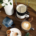 Ceramic Coffee Mugs with Stand,15 Ounce Stackable Coffee Cups Set of 4 for Latte,Cappuccino,Mocha,Cocoa,Ribbed Vintage Coffee Cups for Men Women,Dishwasher & Microwave Safe,Striped Multicolor