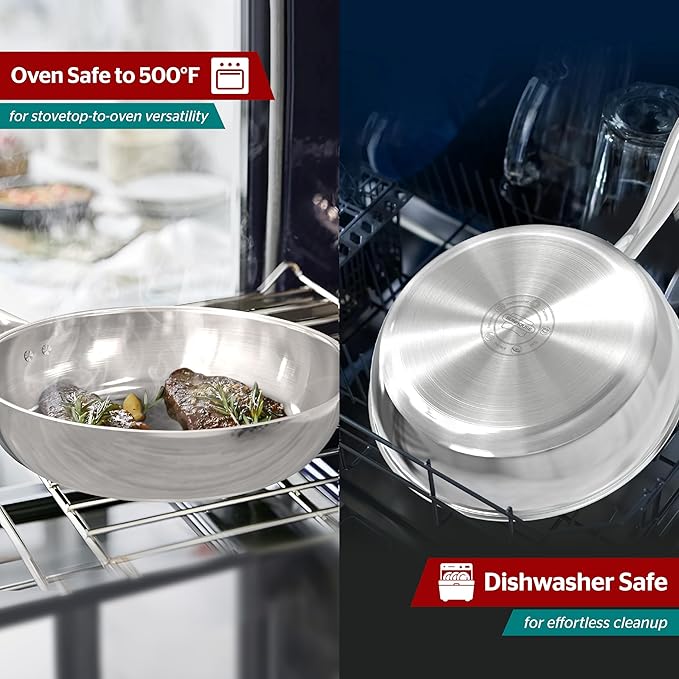Sunhouse 9.5 Inch Tri-Ply Stainless Steel Frying Pan, Whole-Clad No Coatings Skillet with Stay-cool Handle for Cooking, Durable & Oven Safe to 500°F, Dishwasher Safe, Compatible with All Cooktops