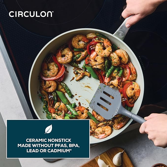 Circulon Halo with LaserDefense Ceramic Nonstick Frying Pan with Helper Handle and Lid, Made Without PFAS, Compatible with All Stovetops, Dishwasher and Oven Safe, 12 Inch Skillet - Sage