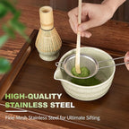 SIMPLETaste Matcha Whisk Set, 7 Pcs Ceramic Matcha Kit Includes Bowl, Whisk and Holder, Bamboo Scoop, Scoop Rest, Sifter and Tea Towel - Matcha Kit for Macha Lovers (Green)