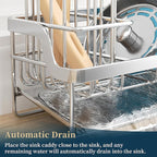 Consumest Sponge Holder for Kitchen Sink - Sink Caddy with Stainless Steel Self Drain Tray, Sink Organizer with High Brush Holder Countertop for Kitchen Sink Accessories, Silver