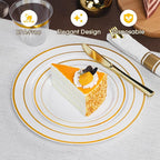 350PCS Gold Plastic Plates Dinnerware Set, Thanksgiving Disposable Plates, 50 Dinner and 50 Dessert Plates, 50 Pre Rolled Napkins with Silverware and 50 Cups for Party and Wedding