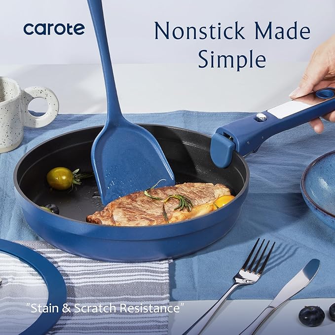 CAROTE 11-Piece Pots and Pans Set, Nonstick Cookware Set Detachable Handle, Frying Pan with Splatter Screen, Oven Safe, Induction Ready, Stackable, Blue