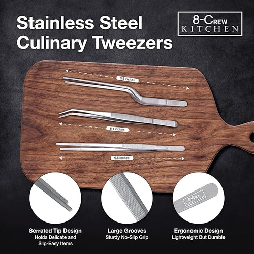 8-CREW KITCHEN Culinary Stainless Steel Tweezers, 6-inch Set of 3 Chef Precision Tongs for Plating, Decorating, Food Design, Bar and Multi-Purpose