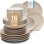 Stoneware Dinnerware Set for 4 People HYGGE 16-Piece - Elegant Scandi Design - Premium Dish Set - Bowl and Plate Set - Tableware for 4 People in a Ribbed Design - Pure Living in Light Brown