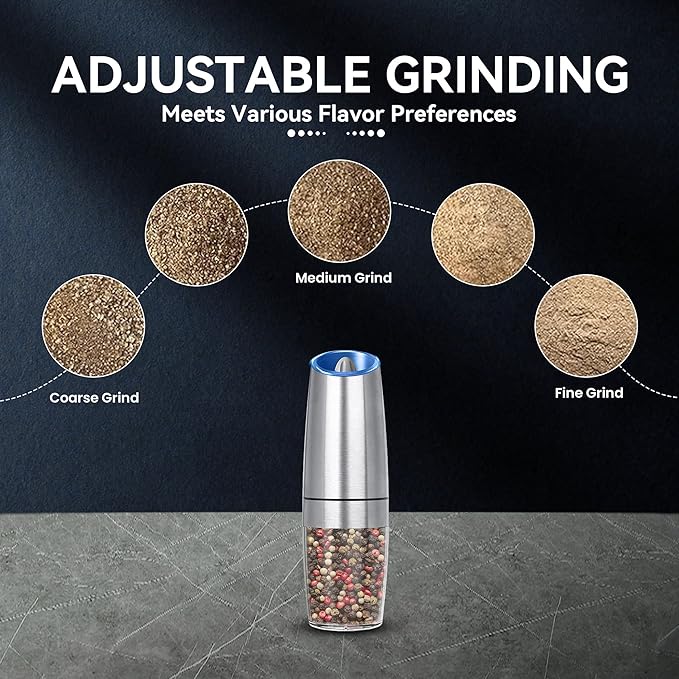 Rechargeable Electric Salt and Pepper Grinder, gravity electric salt and pepper grinder, Adjustable Roughness, LED Light, 1 Pack, (Silver)