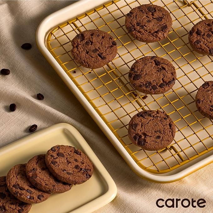 CAROTE 6-Piece Nonstick Ceramic Baking Pans Set - Bakeware Sets Including Cookie Sheets for Baking, Muffin Pan, Bread Pan, Cake pan, Loaf Pan, Cooling Rack, Mustard Yellow & Cream White