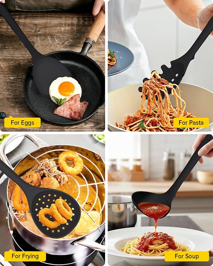 Silicone Cooking Utensils Set, 9 Pcs Heat Resistant Kitchen Utensils with Back Hooks, BPA Free Kitchen Tools with Spatulas, Spoons, Skimmer and Pasta Fork for Non Stick Cookware (BLACK)