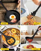Silicone Cooking Utensils Set, 9 Pcs Heat Resistant Kitchen Utensils with Back Hooks, BPA Free Kitchen Tools with Spatulas, Spoons, Skimmer and Pasta Fork for Non Stick Cookware (BLACK)