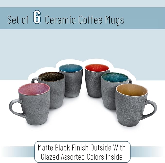 BTaT- Porcelain Coffee Mugs Set, 12 oz (350ml), 6 Pack, Ceramic Coffee Mugs, Matte Black Outside and Colorful Inside, Restaurant Cups for Tea, Cappuccino, Cocoa, Cereal, Mug Gift Set, Dishwasher Safe
