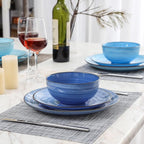 Selamica Ceramic Plates and Bowls Set, 24 Pieces Dinnerware Sets for 6, Scratch Resistant Dishes Set, Handpainted Swirl with Spot Dishwasher & Microwave Safe, Gradient Blue