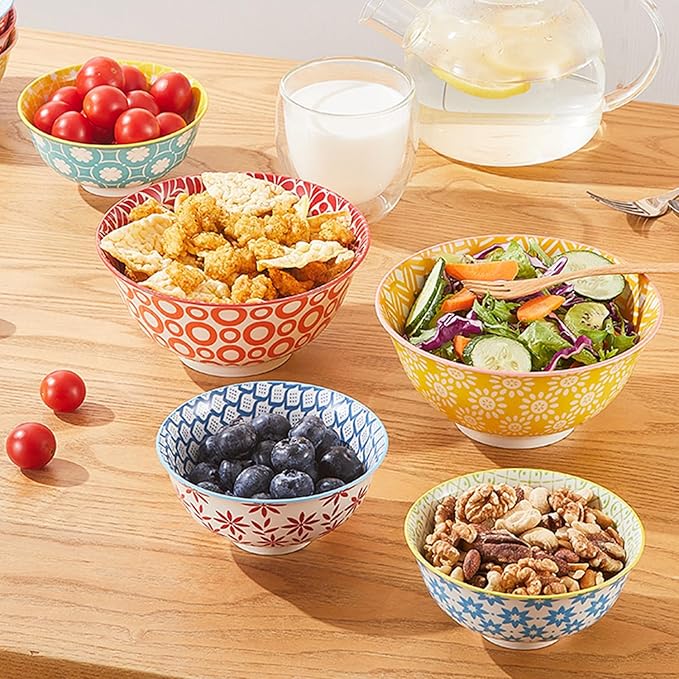 AntoKueh 23 OZ Colorful Large Ceramic Bowl Set of 6 6 inch Deep Porcelain Cereal Bowls for Salad, Soup, Snack and Rice，Dishwasher/Microwave safe