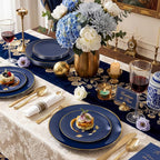 KIRE 175Pcs Blue Plastic Plates - Navy Blue Plates Disposable - 25 for Dinner 25 for Dessert 25 Pre Rolled Napkins with Gold Plastic Silverware and 25 Cups for Birthday/Wedding/Passover/Graduation