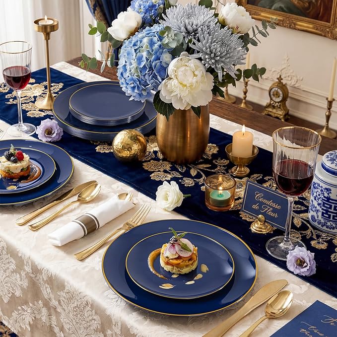 KIRE 350Pcs Blue and Gold Plates -Heavy Duty Navy Blue Dinnerware Set - 100 Plastic Plates 50 Pre Rolled Napkins with Gold Plastic Silverware 50 Cups for Birthday/Wedding/Parties/Passover/Graduation